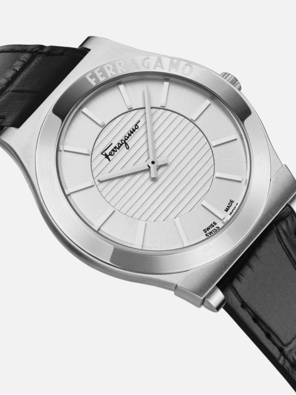 Salvatore Ferragamo Silver Case White Dial Black Leather Strap Watch